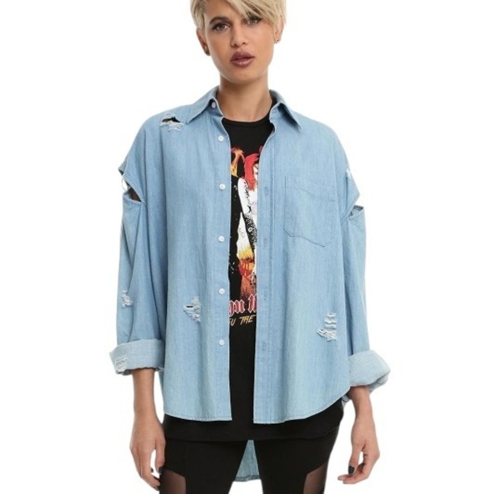 Rehab‎ Grunge Punk Cutout Denim Shirt Blue Oversized Deconstructed Small Medium